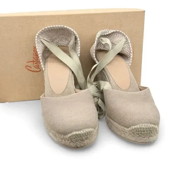 CASTAÑER $165 Carina/8/002 Wedge Espadrille Sand EU 39 US 8 Ankle Tie Jute Heel - Picture 4 of 9